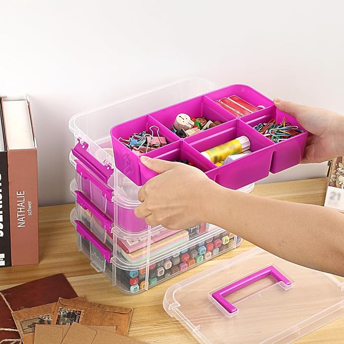 JUXYES 4-Tiers Plastic Stack Carry Storage Containers Box wih Handle Lids | Clear Stackable Latching Storage Bin With 2 Tray for School Office, Organizing Sewing, Art Craft, DIY Supplies, Purple