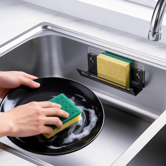 Epicano Sponge Holder for Kitchen Sink with Suction Cups & Adhesive Hook, Rustproof In-sink Sponge Holder, Space-saving Wall Hanging Sink Caddy Organizer Rack - Sponge, Dish Cloth, Brush- 2 Pack