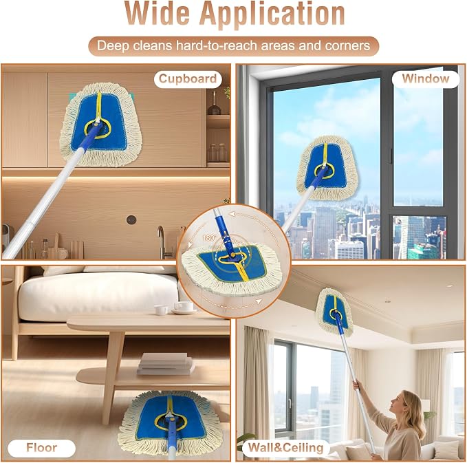 SOBONNE Commercial Dust Mop for Hardwood Floors Cleaning | 2 Reusable Wedge Cotton Mop Pads|61" Long Handle Dry Mop Broom for Walls,Laminate,Vinyl,Tile,Home Floor Duster|Blue