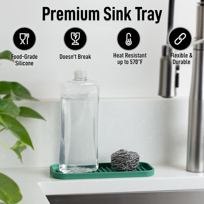 Zulay Kitchen (9x3.5) Silicone Sponge Holder for Kitchen Sink - Flexible Multipurpose Soap Tray - Sink Organizer for Kitchen, Bathroom, Makeup, Trinkets & More (Pine Green)