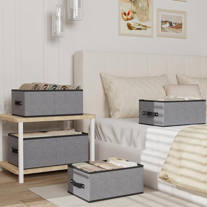 Storage Baskets with Handles,13×9.1×5.5 In,Gray Boxes,4Pack | Storage Bins for Shelves,Foldable Clothing Drawer Organizer,Closet Containers for Home,Office,Large Fabric Cubes