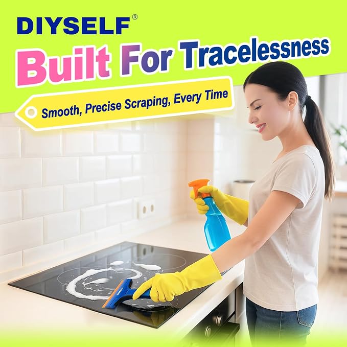 DIYSELF Glass Scraper Tool with 5 Pcs 4-Inch Plastic Blades for Stovetop | Wide 4-Inch Edge, Plastic Razor Blade Scraper for Glass, Labels, Stickers, Paint, Cooktops & Tile, Home Cleaning, Green
