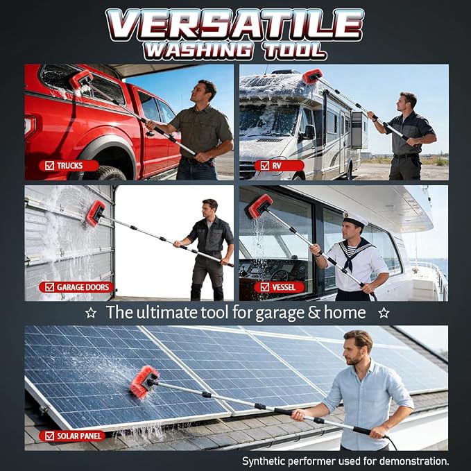 65" Flow-Thru Car Brush, Red | Hose attachment links to water. Soft bristles clean truck & RV roofs. 4-pc extendable aluminum pole & storage bag included.