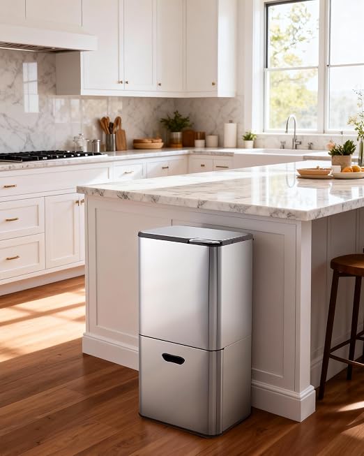 Garvee Dual Trash Can for Kitchen, 2 Compartment (33L + 28L) Garbage Can | Stainless Steel Trash and Recycle Bin Combo, with Compost Bin, Removable Inner Bucket, Odor Control, Silver