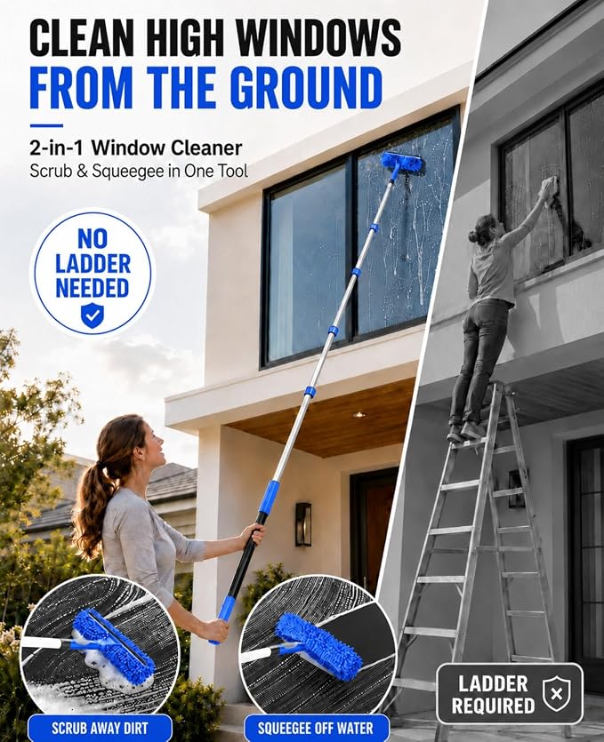 20 FT Ceiling Fan Cleaner Dusters with Telescoping Extension Pole | Extendable Duster for High Ceiling, Light Bulb Changer, Window Squeegee Washing Kit, Cobweb Brush Duster
