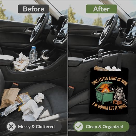 Funny Raccoon Dumpster Fire Car Garbage Bag Canvas Trash Can | Sarcastic Animal Drawstring Car Trash Bag Hanging for Back Seat with Adjustable Buckle