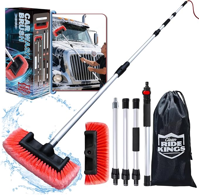65" Flow-Thru Car Brush, Red | Hose attachment links to water. Soft bristles clean truck & RV roofs. 4-pc extendable aluminum pole & storage bag included.