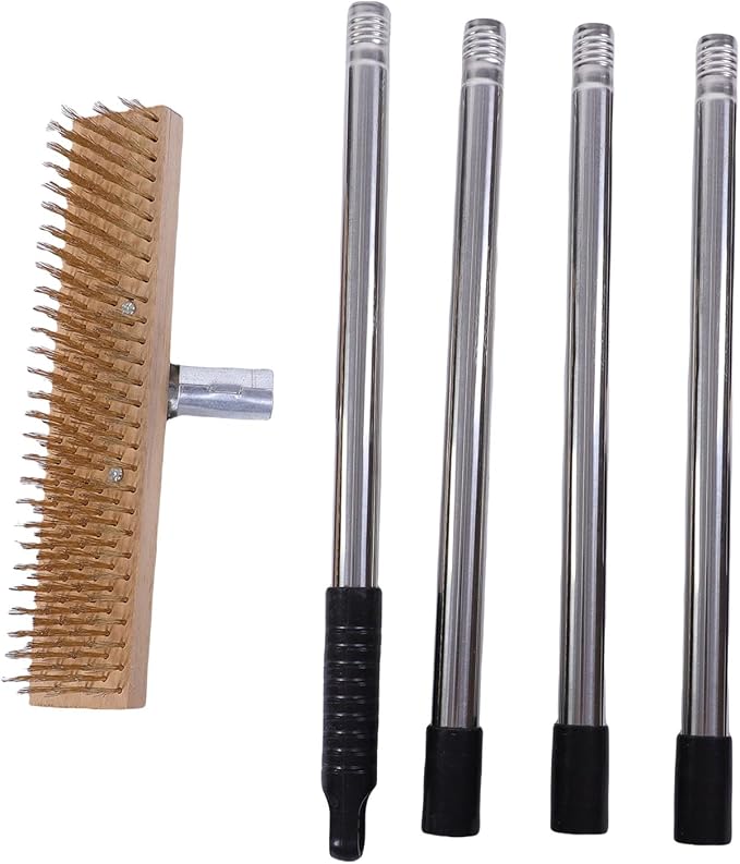 Heavy Duty Stainless Steel Deck Brush with Long Handle, Concrete Floor Scrubber Moss Remover Wire Broom for Patio, Deck, Garage, Outdoor Cleaning (30cm / 11.8in)