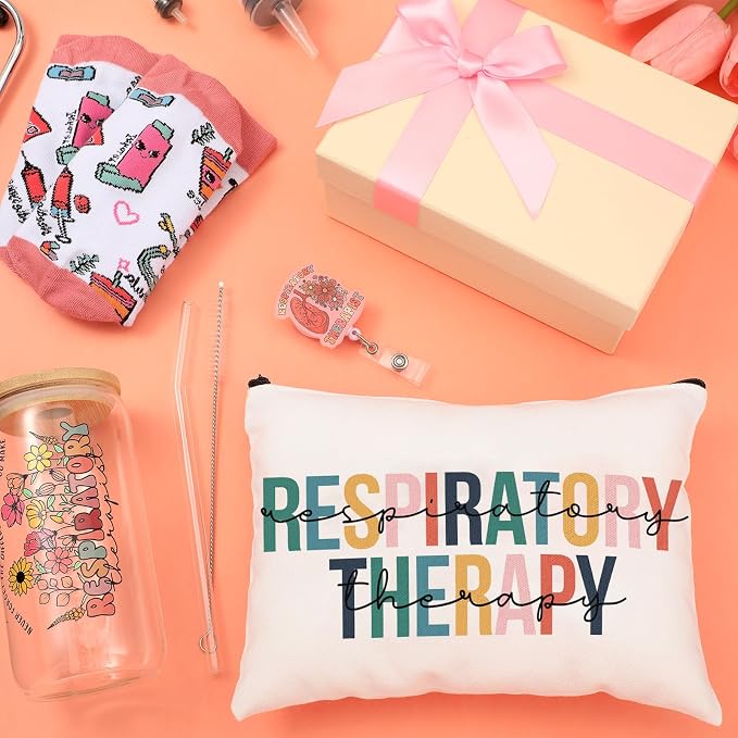 Skylety 5 Pcs Respiratory Therapist Gifts for Women | 16oz Glass Cup Socks Cosmetic Bag Badge Reel, RT Appreciation Gift Box, Respiratory Therapist accessories, Nurse Doctor Gift