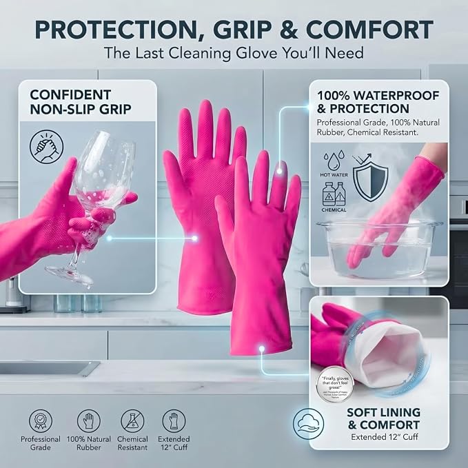 ForPro Natural Rubber Gloves, 6 Pairs Reusable Multi-Purpose Household Cleaning Gloves with Soft Inner Lining, Waterproof & Chemical-Resistant, Cotton Candy, X-Large