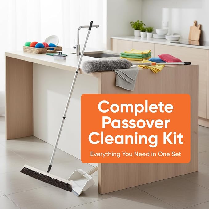 Superio Passover & Spring Cleaning Essentials – Broom, Dustpan, Towels, Sponges, Brushes, Duster, Eraser & Scouring Pads, Multi-Purpose Home & Kitchen Set