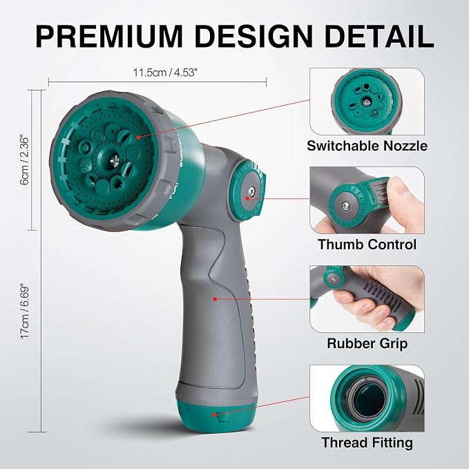 Hose Nozzle, Thumb Control Garden Hose Nozzle, Garden Tool | 10 Adjustable Pattern Water Hose Sprayer Nozzle, Ergonomic Spray Nozzle for Gardening, Watering, Ground Cleaning, Car Washing