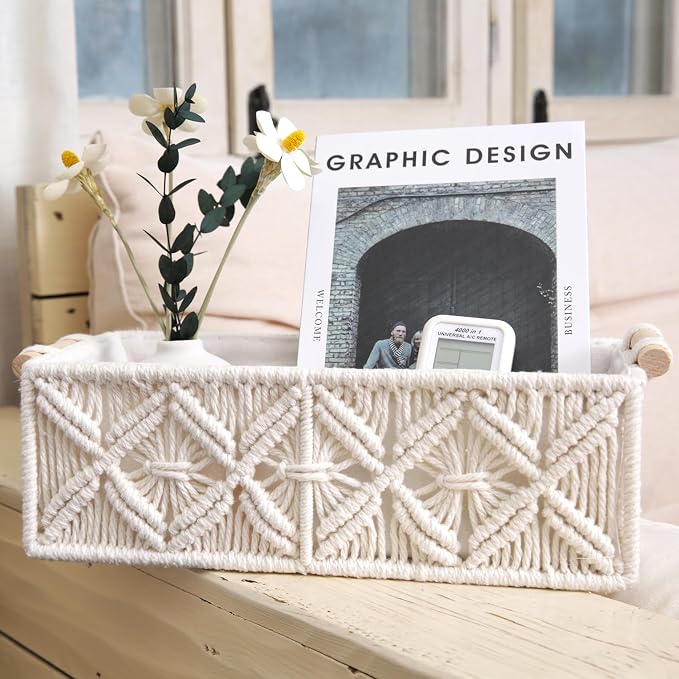 Nonam 2pc Macrame Storage Baskets, Boho Woven Boxes for Home Org, White | Handcrafted macrame storage boxes. Stylish boho decor for shelves, toilet tank & cabinets. Durable, versatile & chic.