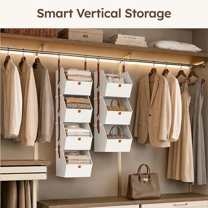 Collapsible Hanging Closet Organizer - 3 Tier Closet Shelves Storage System with Hooks, Fabric Hanging Storage Bins for Clothes, Foldable Storage Basket for Laundry, Bedroom, Rv, White