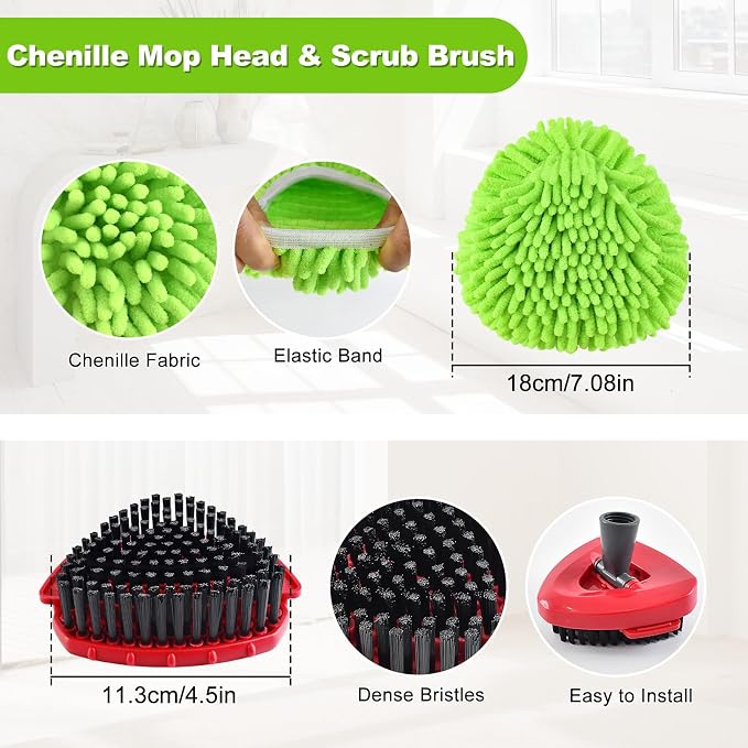 Chenille Mop Heads Scrubber Brush & Base Mop Replace Handle for O-Cedar RinseClean 2 Tank Spin Mop System Set Include 2 Chenille Mop Pads 1 Brush 1 Base and Stainless Steel Mop Handle (NO Bucket)