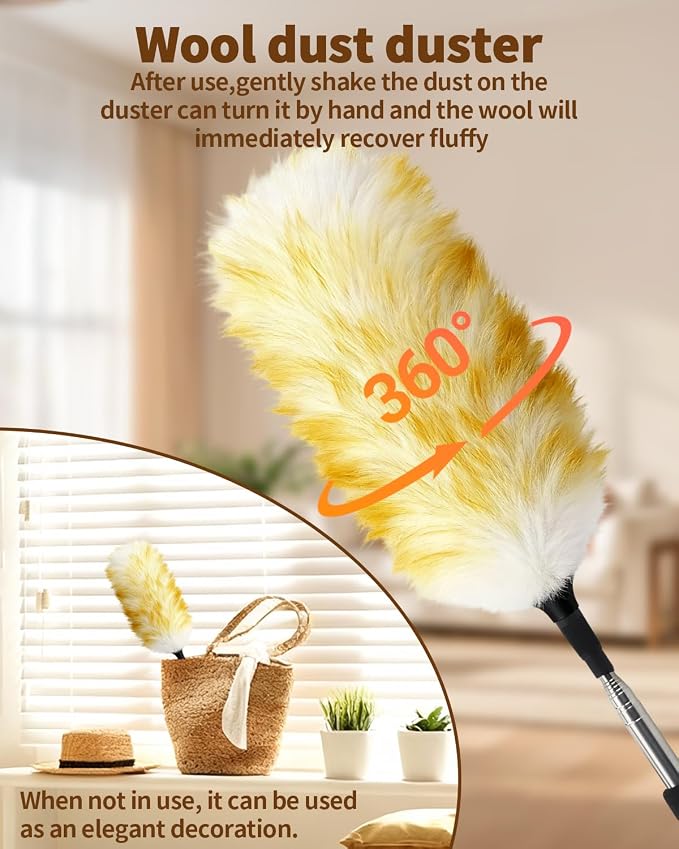 Extendable Wool Duster, 18-48 Inch Long Handle Duster with Natural Fluffy Wool Head, Dusters for Cleaning Ceiling Fans, Blinds, High Ceilings, Furniture, Washable & Reusable