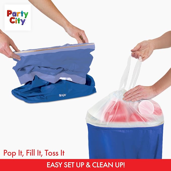 Party City Flings Plastic Bin (3-Pack) - Royal Blue (2) and Recycle (1) - 22 x 15 - Stylish & Convenient Portable Waste Solution for Events & Parties