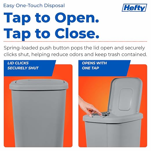 Hefty 13.3 Gallon Trash Can with Lid, Plastic Garbage Can Touch Button, Kitchen Waste Basket for Home Office, Large Capacity Trash Bin, 4 Pack, Grey