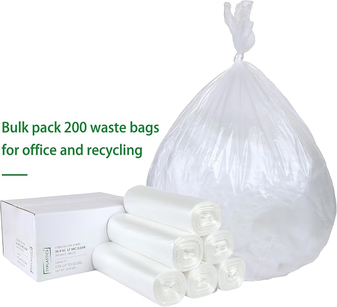 TYPLASTICS 55 Gallon Clear Trash Can Liners - 36" x 60" | High Density Garbage Bags - Case of 200 - Multipurpose for Office, Outdoor, Recycling, Industrial and Commercial