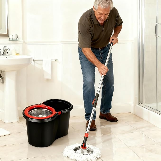 Spin Mop and Bucket with Wringer Set, 360°Rotating Head Mop Bucket System, 3 Replacement Mop Heads for Floor Cleaning (Black & Red) (A mop Head)