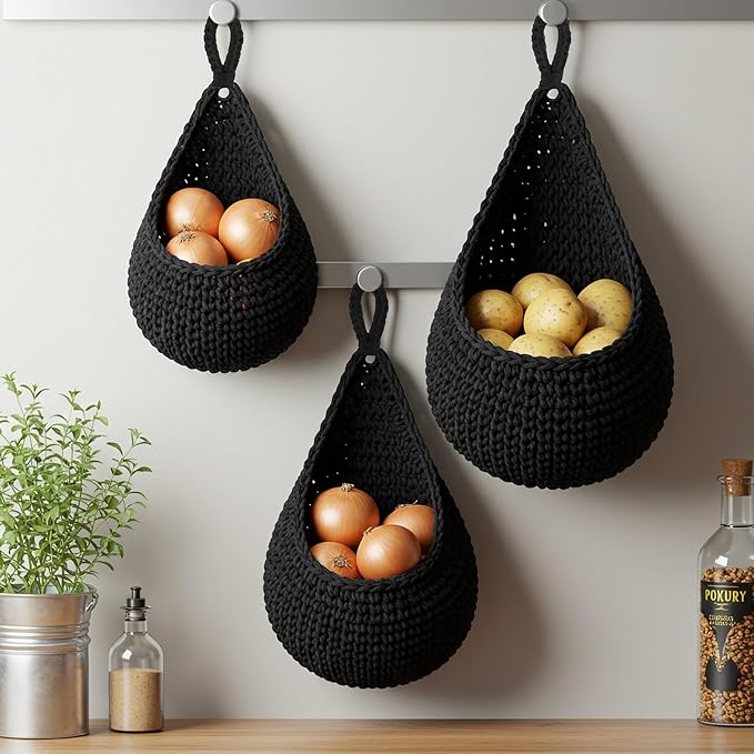 3 Hanging Baskets,Black,Teardrop,Cotton Rope | Wicker Wall Baskets with Hooks for Fruit Vegetable Onion Storage, Teardrop Organizer for Kitchen, Boho Farmhouse Decor