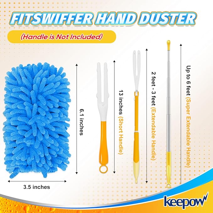 KEEPOW 4Pk Duster Refills Compatible with Swiffer, 360° Microfiber Refill | Reusable Microfiber Dusters in Blue, Yellow, Orange & Green, 360° Heavy Duty Refills Compatible with Swiffer, 4 Pack