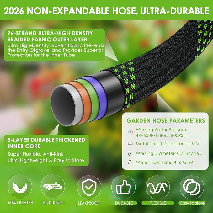Garden Hose 50 ft, Non-Expandable Ultra-Lightweight Flexible Hose with 360° Dual-End Anti-Kink Design, 10-Pattern Spray Nozzle, 500 PSI Leak-Proof, 96-Strand Braided Fabric, Storage Strap