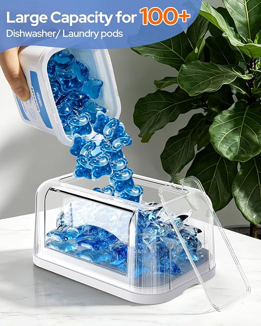 Trash Bag Dispenser & Dishwasher Pods Container, 3 in 1 Clear Acrylic Garbage Bags Holder Under Sink Organizer Laundry Pods Dishwasher Tabs Storage Box for Laundry Room and Kitchen Cabinet