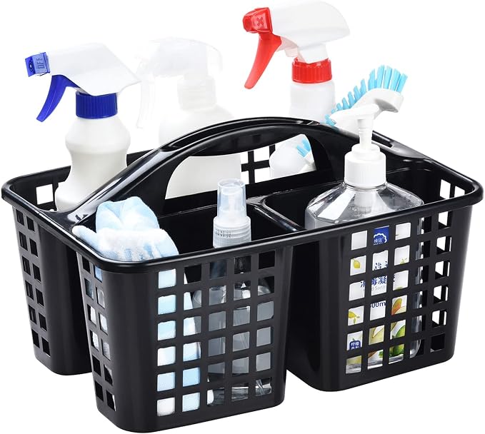 ALINK Plastic Shower Caddy Basket with Compartments, Portable Divided Cleaning Supply Storage Organizer with Handle for College Dorm Bathroom - Black