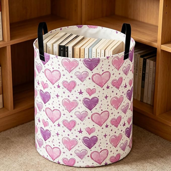 Collapsible Round Storage Basket,Waterproof Soft-Sided Organizer,Laundry Basket(Watercolor Heart)