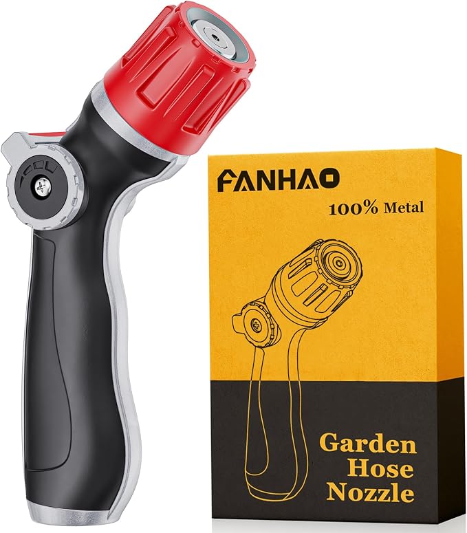 FANHAO Upgraded Metal Garden Hose Nozzle Heavy Duty, 30% Higher Water Flow | High Pressure Water Nozzle, Adjustable Spray Patterns for Lawn Watering, Car Washing, Cleaning