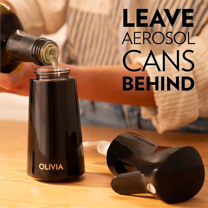 FLAIROSOL OLIVIA SIGNATURE Oil Sprayer, 200ml Glass, Black | Portion control mist for air fryer, salad, BBQ, refillable & reusable, fine mist olive oil kitchen sprayer, anti-drip