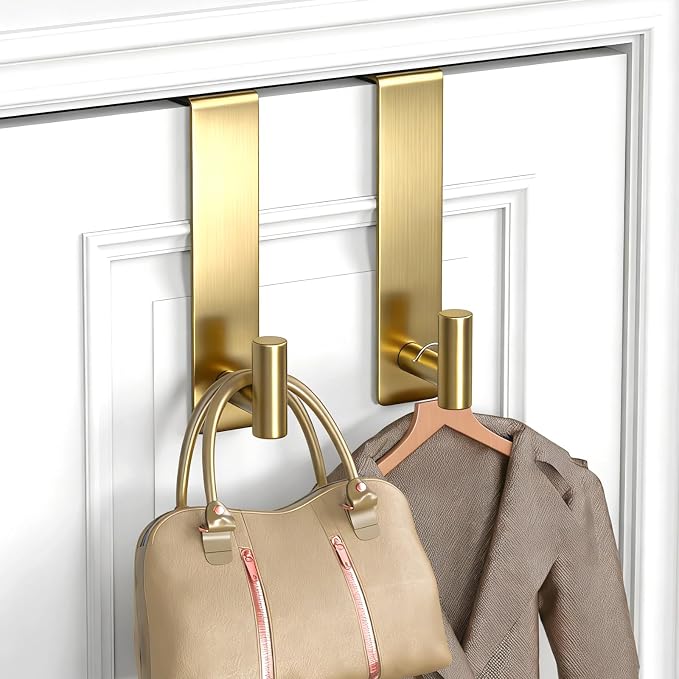 PMMASTO 7.5 Inch Over The Door Hooks, Gold- 2 Pack, T Shape | Stainless Steel Door Hooks Organize Coats Towels Robes in Bathrooms Bedrooms Closets
