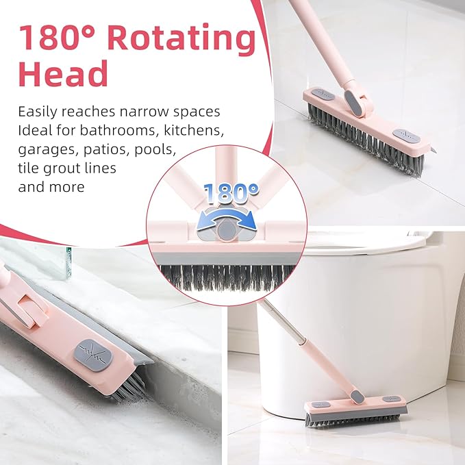 Floor Scrub Brush with Long Handle,Squeegee, Grout Brush | V-Shaped Stiff Bristles, For Tile Line, Bathroom, Crevice, Deck, Swimming Pool, Kitchen, Garage, Yard
