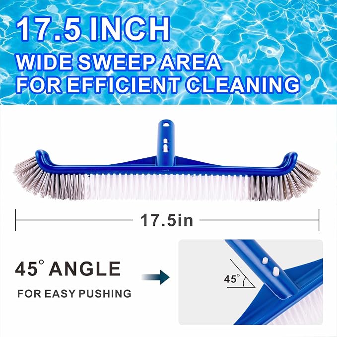 POOLAZA 17.5" Pool Brush Head with Curved Ends & Premium Nylon Bristles | Enhanced Integrated Structure, 17.5" Wide Cleaning Path, Safe for Vinyl Liners, EZ Clip Design Fits Standard Pool Poles