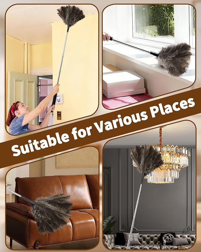 Ostrich Feather Duster, 18-48 Inch Extendable Feather Duster with Natural Fluffy Ostrich Feathers, Dusters for Cleaning Ceiling Fans, Blinds, High Ceilings, Furniture, Cars, Washable & Reusable