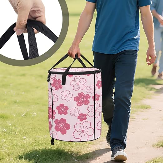 BIGCARJOB Cherry Blossoms Print Portable Trash Can Large Folding Big Trash Can with Lid Storage Bag Pop Up Trash Cans for Parties, 22.83x17.71 in
