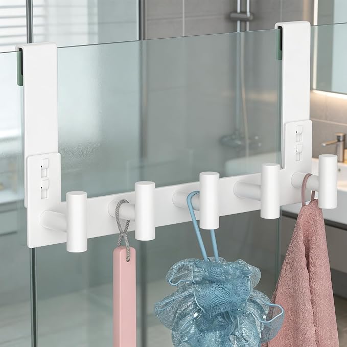 PMMASTO White Extra-Long Shower Door Hanger, 5 T-Hooks, Fits 3/8-Inch Glass | Extra-Long Heavy-Duty Stainless Steel, 5 T-Shaped Hooks, for Bathrobes and Towels on Frameless Glass Shower Doors