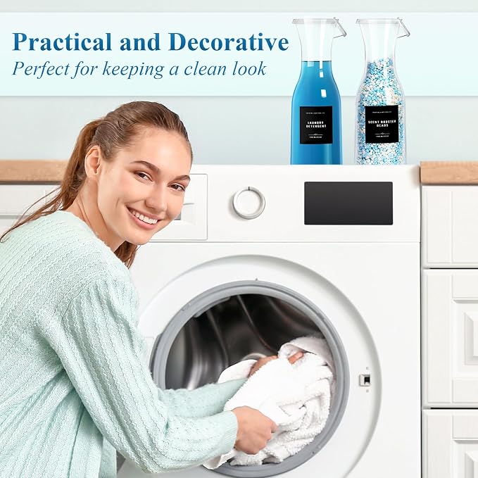 Laundry Detergent Dispenser Bottle 40oz with Waterproof Label for Detergent, Soap, Fabric Softener, Scent Booster Beads, Sturdy PET Bottle for Laundry Room Decor - 2 Pack Black