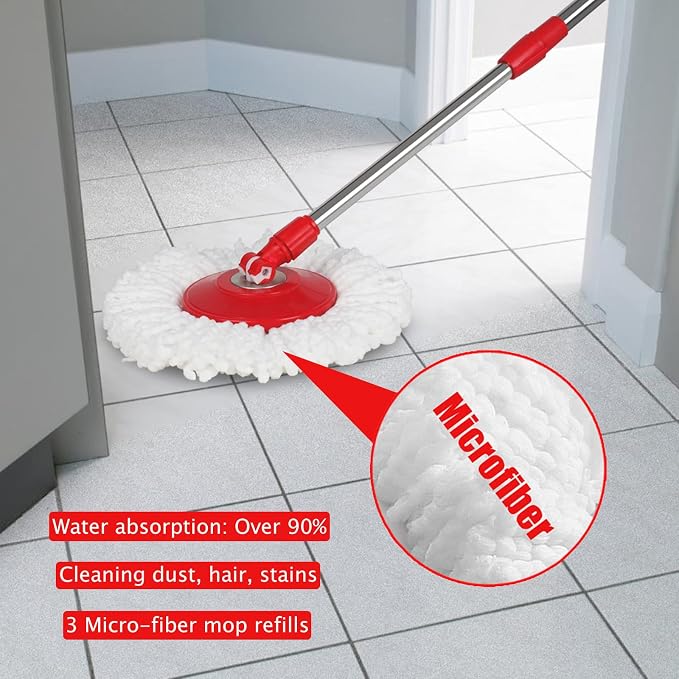 Spin Mop and Bucket with Wringer Set, 3 Mop Heads, 61" Adjustable Handle | 360° Spinning Mop Bucket System with 3 Microfiber Mop Heads & 61" Stainless Steel Adjustable Handle for Floor Cleaning