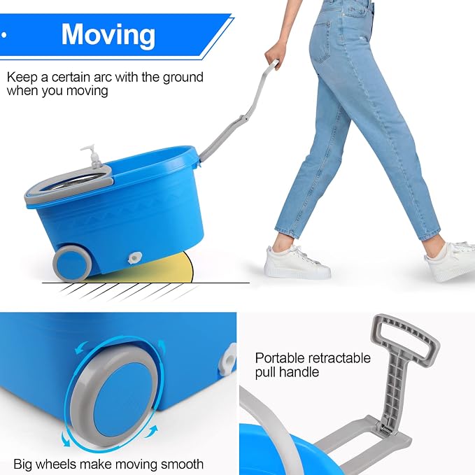 Spin Mop and Bucket with Wringer Set, 3 Mop Heads, 61" Adjustable Handle | 360° Spinning Mop Bucket System with 3 Microfiber Mop Heads & 61" Stainless Steel Adjustable Handle for Floor Cleaning