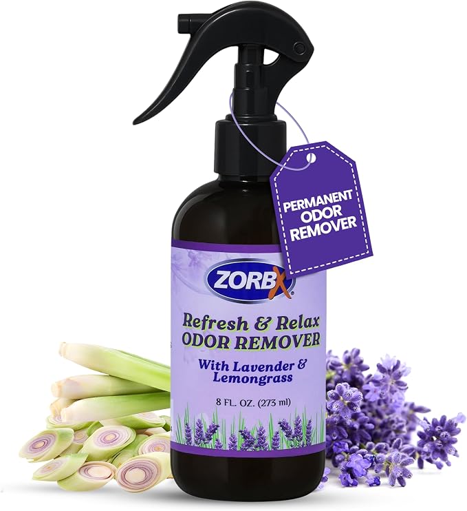 ZORBX Refresh & Relax Lavender Lemongrass Odor Remover Spray 8 Oz, 1-Pack | Natural Room Deodorizer for Medical Rooms, Closet, Home, Bathroom, Furniture, Carpet, Car, Gym & Laundry, Permanent Solution