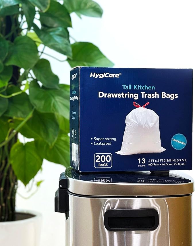 HygiCare 13 Gallon Tall Kitchen Trash Bags, Unscented 200 Count Drawstring Garbage Bags, Pre-Separated, Ultra Strong, Leakproof, Sturdy, White