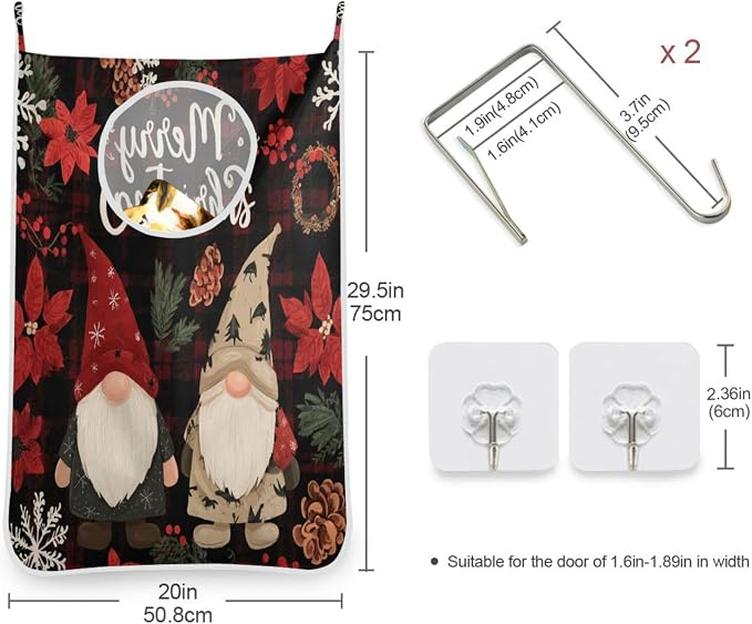 Checkered Christmas Floral Gnomes Hanging Laundry Hamper Door Hampers Bag Basket with Stainless Steel Hooks Oxford Fabric Printing Decorative Clothes Bags 29.5X20inch 1Pack
