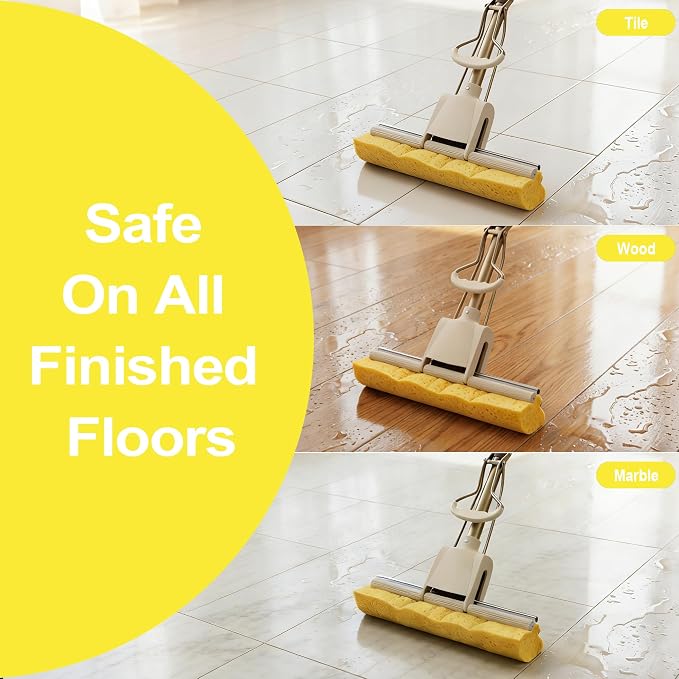 LILAC Cellulose Sponge Mop with 2 Replacement Heads, 4-Color Handle Choices for Zoned Cleaning, Super Absorbent Pop Up Roller Mop for Hardwood,Laminate Floors, Heavy Duty Floor Scrubber (Yellow)