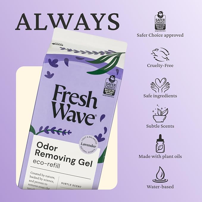 Fresh Wave Odor Removing Gel 4-Pack Glass Jar & 63oz Refill, Lavender | Refills 7oz gel up to 9 times or 15oz up to 4 times. Gel odor eliminator for bathroom, closet, or garage. No plug-in.