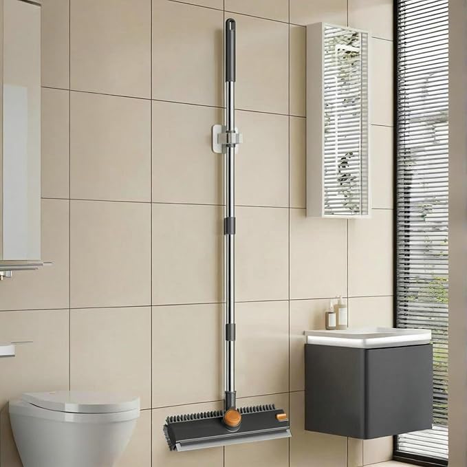 Floor Scrub Brush with Squeegee Long Handle 3 in 1 tub Brush 52'' 2026 Upgraded Multi-Functional Stiff Bristle Cleaning Scrub Brush Rotating Tile Brush for Cleaning Bathroom Patio, Pool, Garage