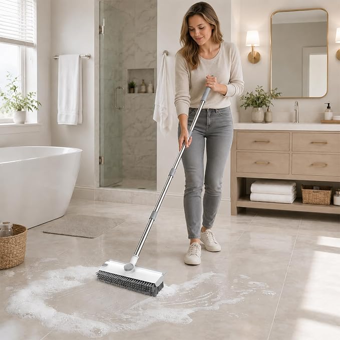 Ceruaxb Floor Scrub Brush with Long Handle, 3 in 1 Floor Scrubber, White | Stiff Bristles, Built-In Squeegee and Hidden Tweezers for Shower, Tile, Grout, Kitchen, Patio, Garage and Deck Cleaning