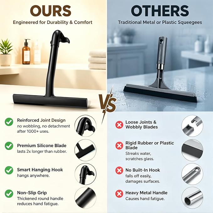 Shower Squeegee for Glass Doors: Streak-Free Silicone, 8.27 inch | One Swipe Silicone Blade, Built-in Hook for Easy Hanging, Versatile for Bathroom Mirror & Car Window (Classic Black)