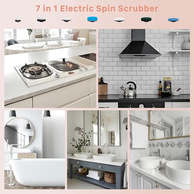 Electric Spin Scrubber, Hillyfe Bathroom Scrubber Electric with 7 Replaceable Brush Heads, IPX7 Waterproof,300/400 RPM, 3 Adjustable Length,Scrubber Brush Electric for Bathtub Floor,Pink